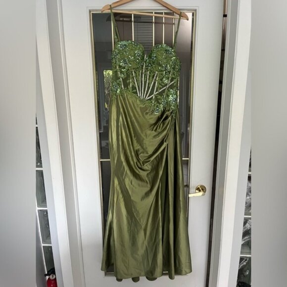 Olive Green Prom Evening Gown Beaded Corset Satin Dress Side Slit - Picture 3 of 9